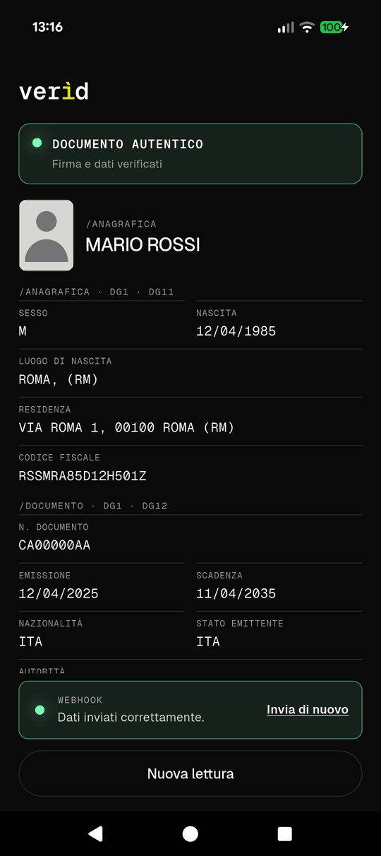 Esito lettura con invio al webhook