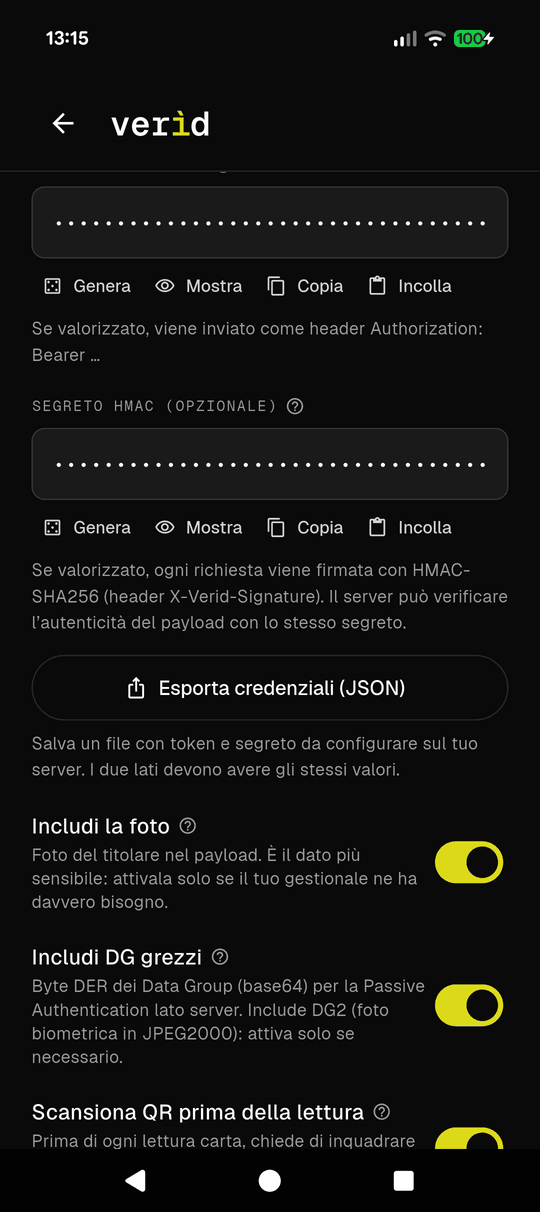 Impostazioni: generazione ed esportazione credenziali